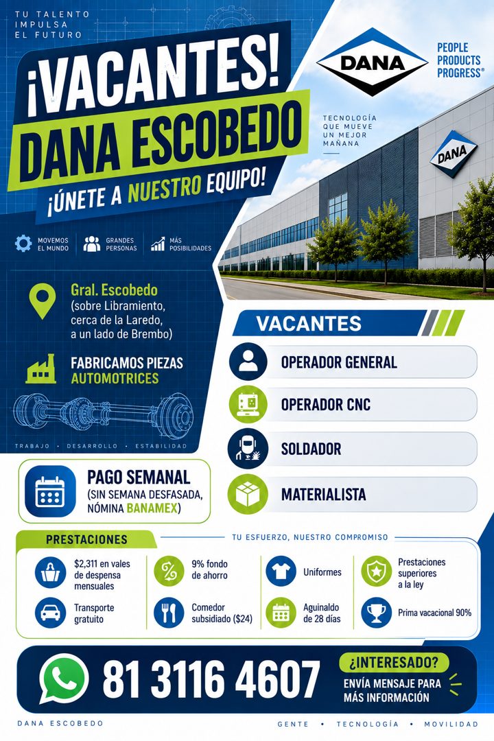 Banner del anuncio de la vacante: TU TALENTO · IMPULSA · EL FUTURO · ¡VACANTES! · DANA ESCOBEDO · ¡ÚNETE A NUESTRO EQUIPO! · MOVEMOS · EL MUNDO · GRANDES · PERSONAS · MÁS · P