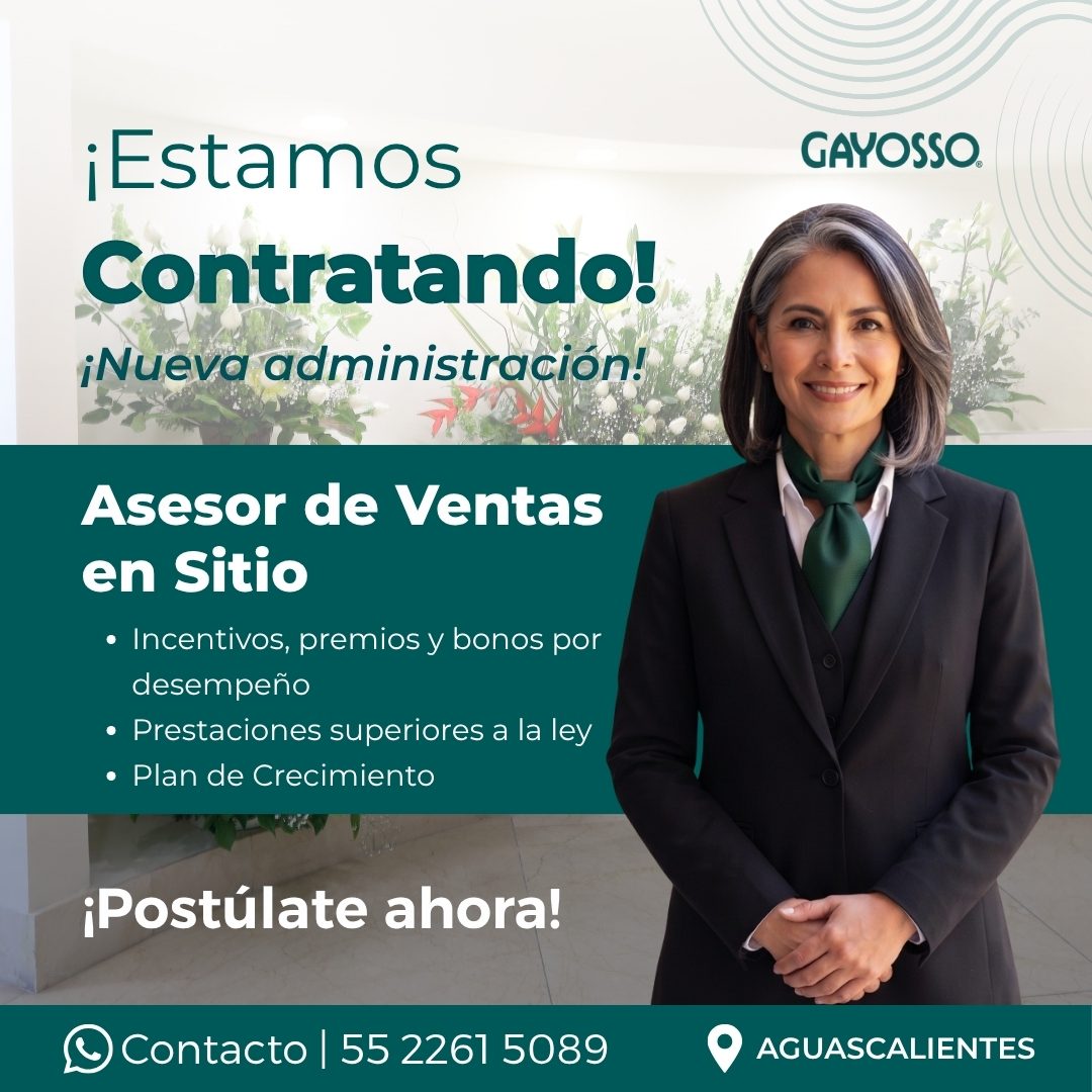Banner del anuncio de la vacante: ¡Estamos · Contratando! · ¡Nueva administración! · Asesor de Ventas · en Sitio · • Incentivos, premios y bonos por · desempeño · • Prestacio