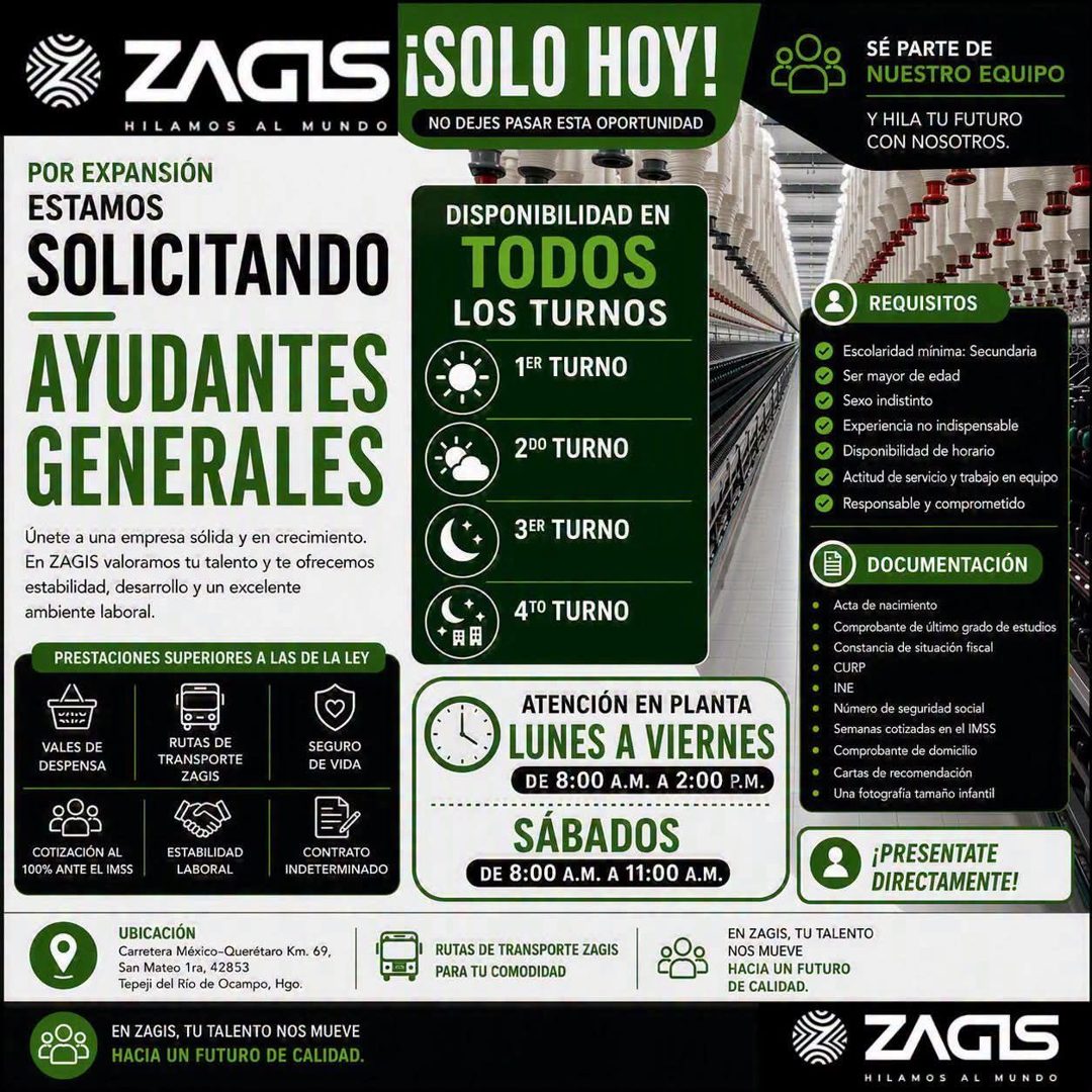 Banner del anuncio de la vacante: ZAGS iSOLO HOY! · HILAMOS AL MUNDO · NO DEJES PASAR ESTA OPORTUNIDAD · POR EXPANSIÓN · ESTAMOS · SOLICITANDO · AYUDANTES · GENERALES · Únete