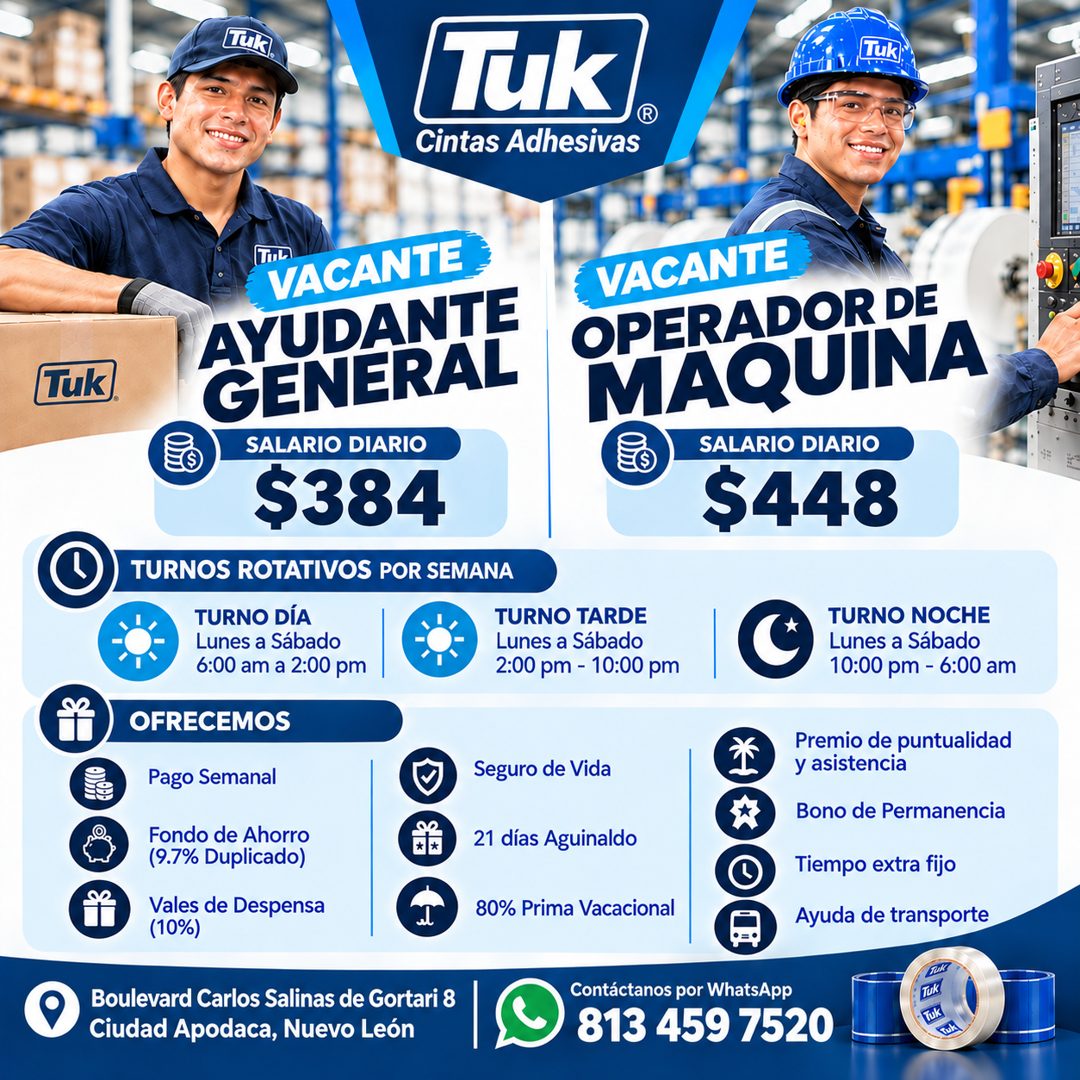 Banner del anuncio de la vacante: THk® · /Tuk · Cintas Adhesivas · Tuk · TIA · VACANTE · AYUDANTE · GENERAL · SALARIO DIARIO · $384 · TURNOS ROTATIVOS POR SEMANA · TURNO DÍA 