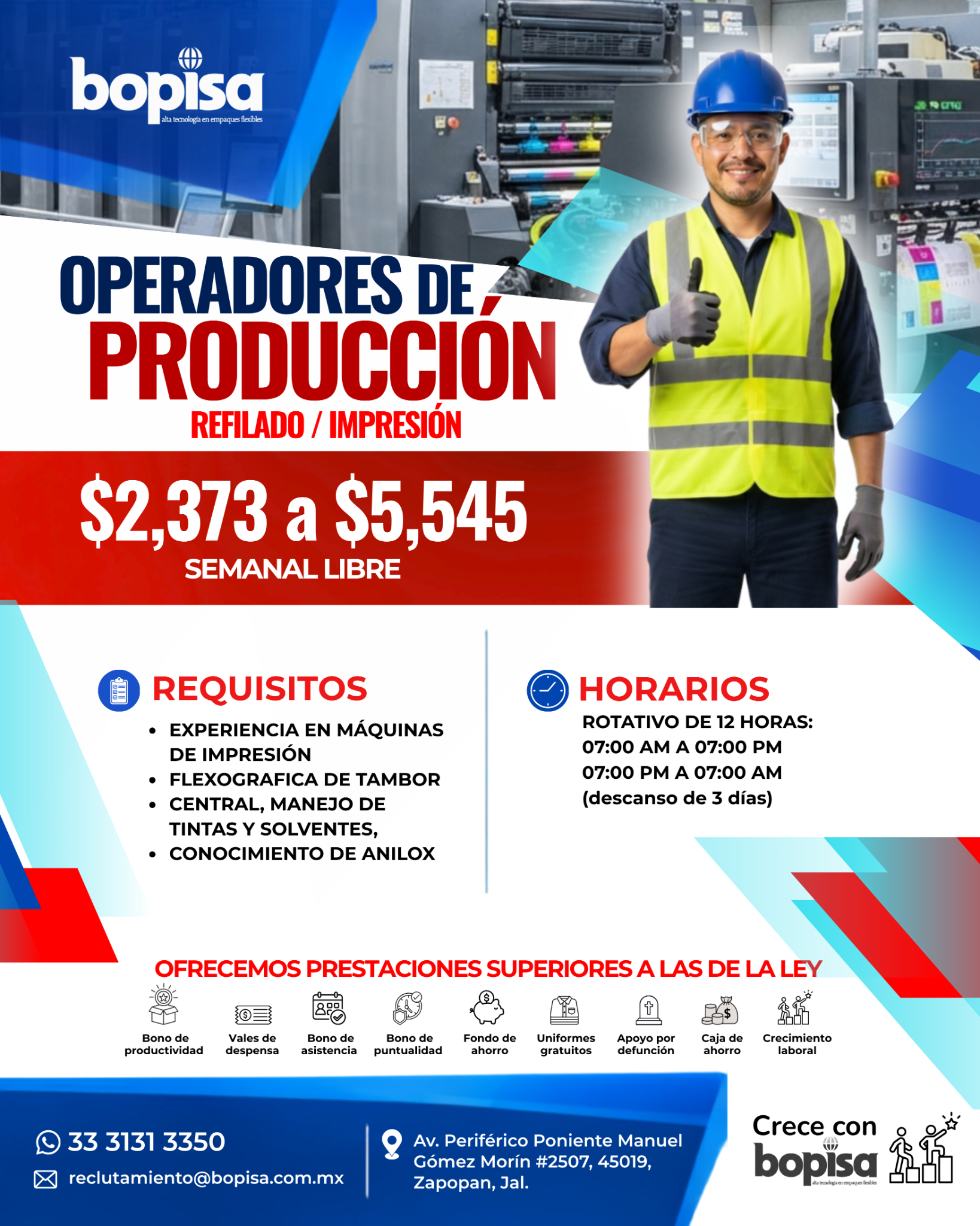 Banner del anuncio de la vacante: bopisa · tecnología en empaques flexibles · OPERADORES DE · PRODUCCION · REFILADO / IMPRESIÓN · $2,373 a $5,545 · SEMANAL LIBRE · REQUISITOS