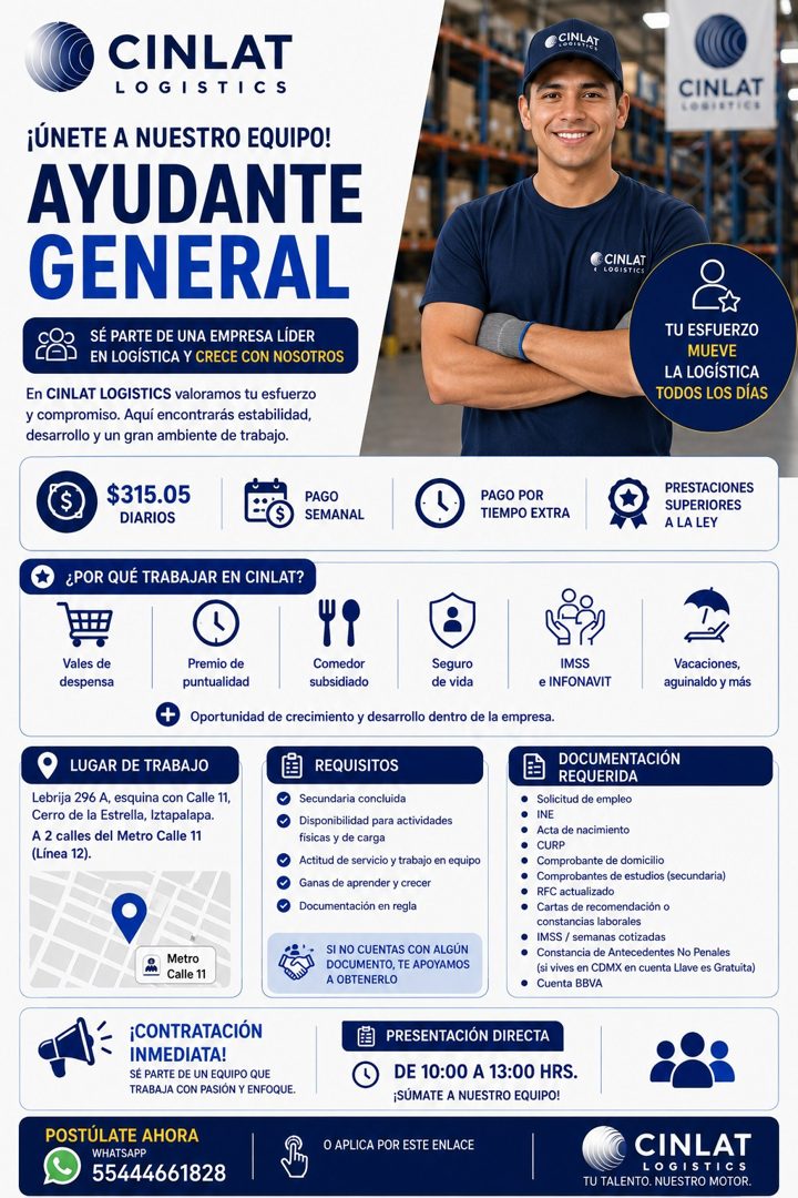 Banner del anuncio de la vacante: CINLAT · LOGISTICS · ¡ÚNETE A NUESTRO EQUIPO! · AYUDANTE · GENERAL · SÉ PARTE DE UNA EMPRESA LÍDER · EN LOGÍSTICA Y CRECE CON NOSOTROS · En 