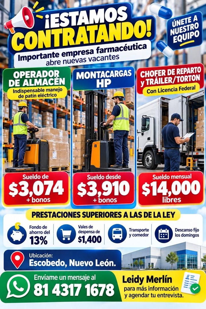 Banner del anuncio de la vacante: ¡ESTAMOS · CONTRATANDO! · Importante empresa farmacéutica · abre nuevas vacantes · OPERADOR · DE ALMACEN · MONTACARGAS · Indispensable manej