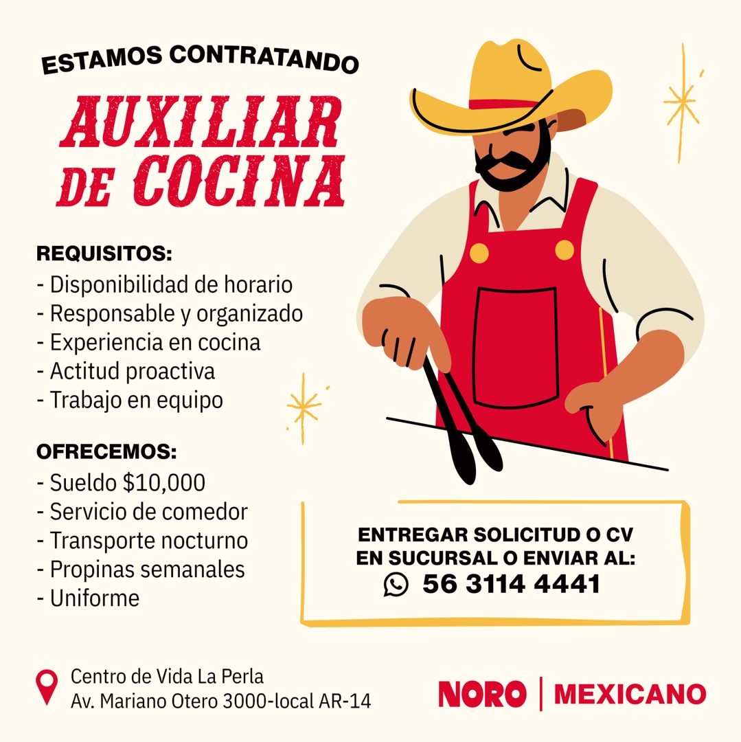 Banner del anuncio de la vacante: ESTAMOS CONTRATANDO · AUXILIAR · DE COCINA · REQUISITOS: · - Disponibilidad de horario · - Responsable y organizado · - Experiencia en cocin