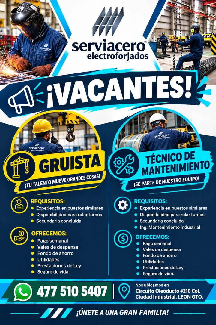 Banner del anuncio de la vacante: serviacero® · electroforjados · ¡VACANTES! · serviacero® · olectrorjados · serviacerc · Nectroeriodo · D' 2 · GRUISTA · ¡TU TALENTO MUEVE GR
