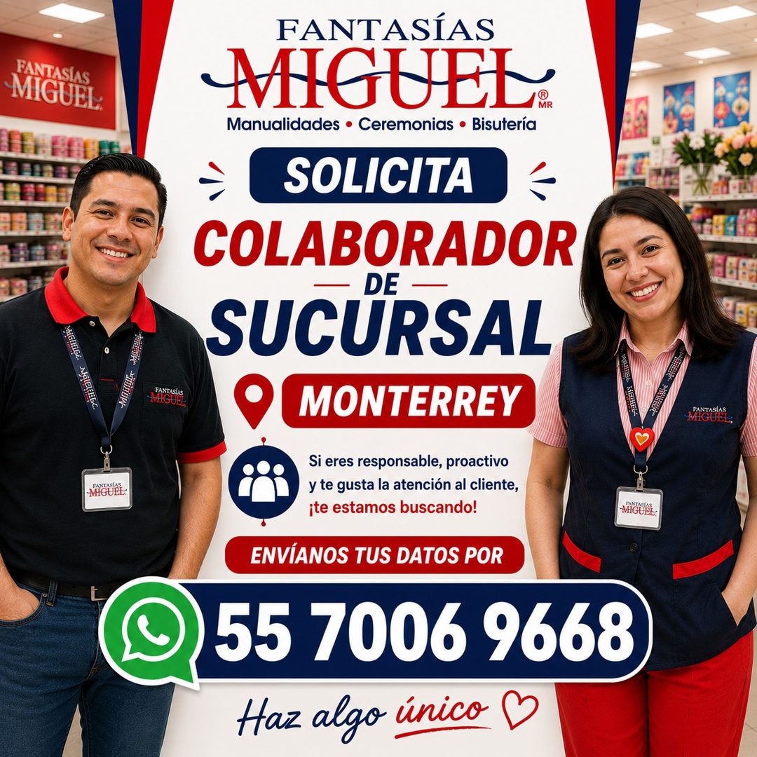 Banner del anuncio de la vacante: FANTASÍAS · -MIGUEL: · FANTASÍAS · MIGUEL: · FANTASÍAS · MIGUEL, · FANTASÍAS · MIGUEL: · Manualidades • Ceremonias • Bisutería · SOLICITA · 
