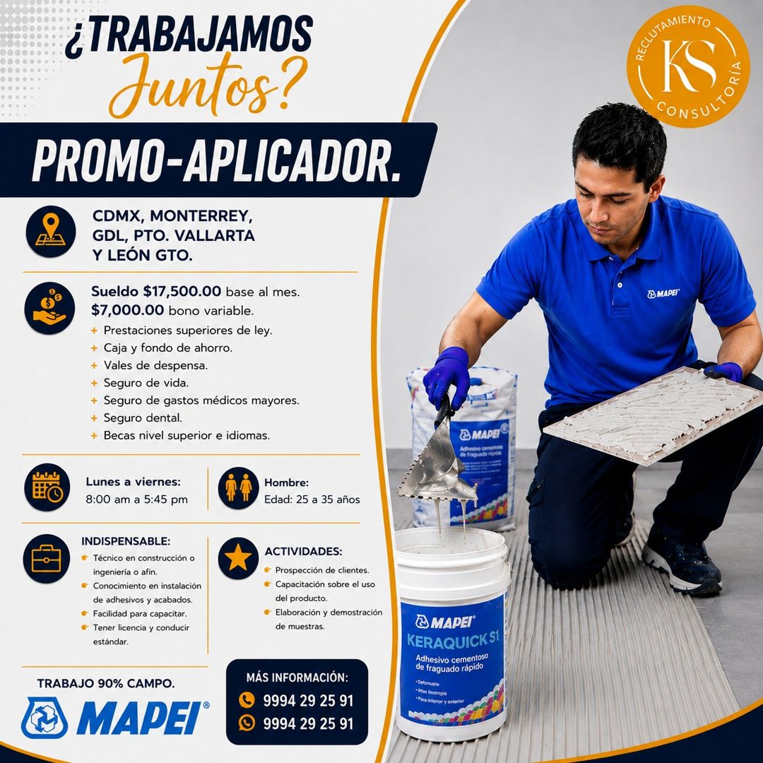 Banner del anuncio de la vacante: ¿ TRABAJAMOS · Juntos? · PROMO-APLICADOR. · CDMX, MONTERREY, · GDL, PTO. VALLARTA · Y LEÓN GTO. · Sueldo $17,500.00 base al mes. · $7,000.00