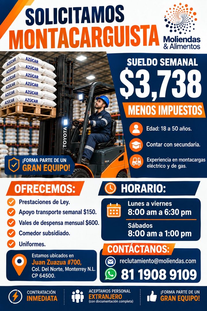 Banner del anuncio de la vacante: SOLICITAMOS · MONTACARGUISTA · Moliendas · & Alimentos · AZÚCAR · AZÚCAR · AZÚCAR · AZÚCAR · AZÚCAR · AZÚCAR · AZÚCAR · AZÚCAR · AZÚCAR · AZ