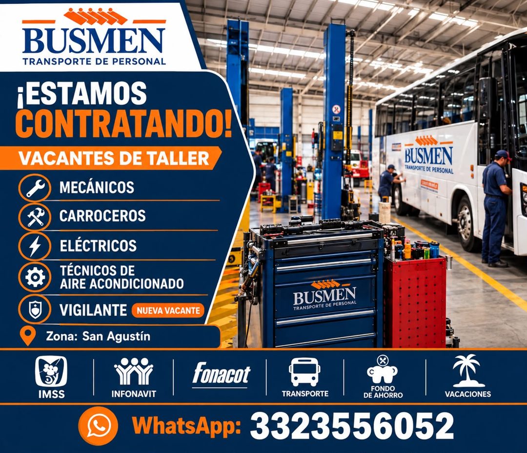 Banner del anuncio de la vacante: BUSMEN · TRANSPORTE DE PERSONAL · ¡ESTAMOS · CONTRATANDO! · VACANTES DE TALLER · MECÁNICOS · CARROCEROS · ELÉCTRICOS · TÉCNICOS DE · AIRE AC