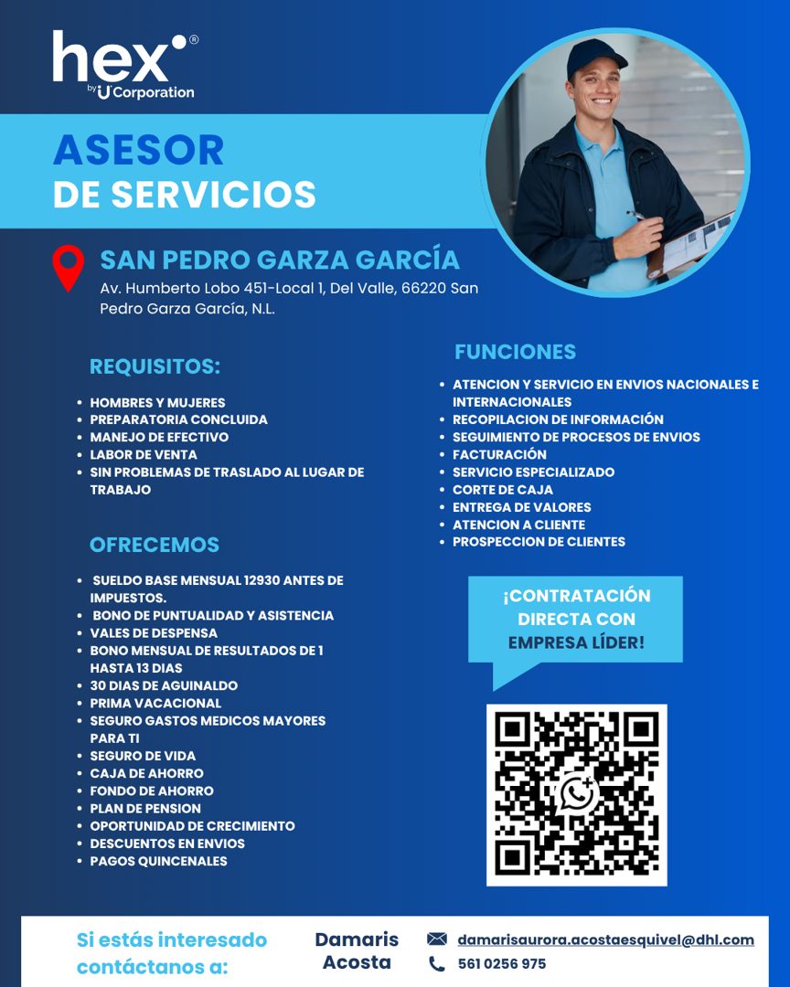 Banner del anuncio de la vacante: hex®® · by U Corporation · ASESOR · DE SERVICIOS · SAN PEDRO GARZA GARCÍA · Av. Humberto Lobo 451-Local 1, Del Valle, 66220 San · Pedro Garz