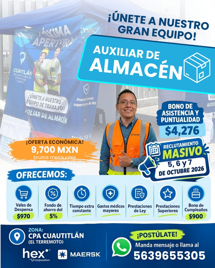 Banner del anuncio de la vacante: МА · спек · ARSK · ¡ÚNETE A NUESTRO · GRAN EQUIPO! · AUXILIAR DE · ALMACÉNI · CUATLÁN · COA CUOUE MEX 35 · El Terren esco · ¡ÚNETE A NUESTRO
