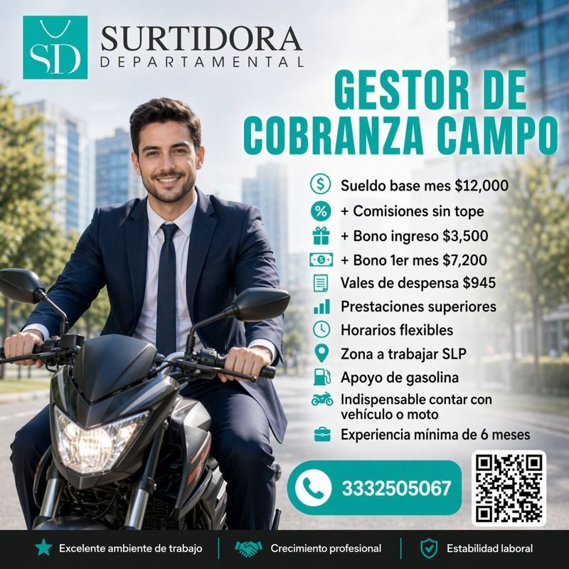 Banner del anuncio de la vacante: SD · SURTIDORA · DEPARTAMENTAL · GESTOR DE · COBRANZA CAMPO · % · R · Sueldo base mes $12,000 · + Comisiones sin tope · + Bono ingreso $3,50