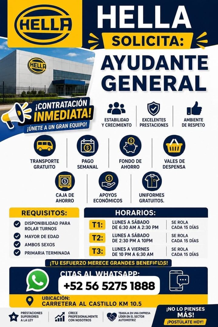 Banner del anuncio de la vacante: HELLA · HELLA · HELLA · SOLICITA: · AYUDANTE · GENERAL · ¡CONTRATACIÓN · INMEDIATA! · ¡ÚNETE A UN GRAN EQUIPO! · ESTABILIDAD · Y CRECIMIENTO