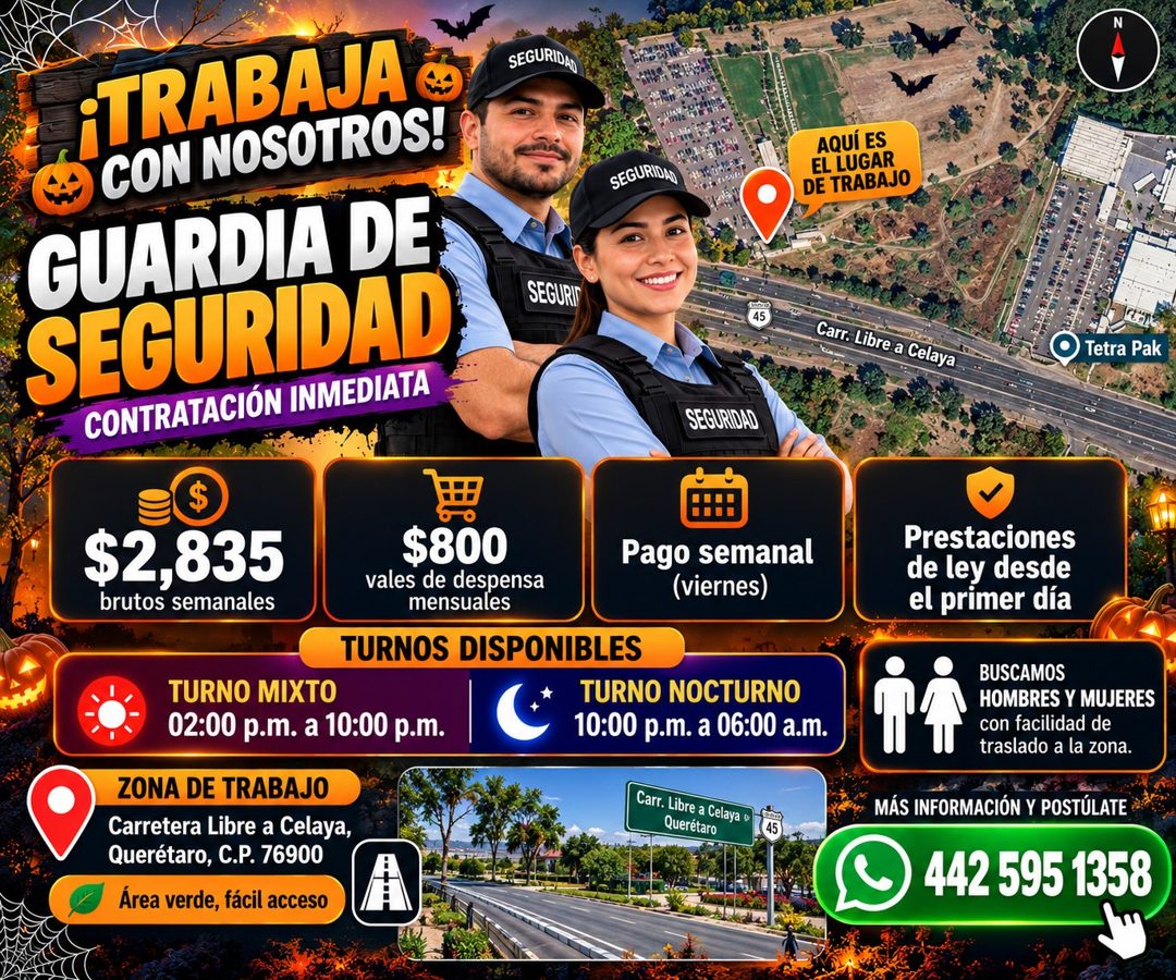 Banner del anuncio de la vacante: ¡TRABAJA * · CON NOSOTROS! · GUARDIA DE · SEGURIDAD · CONTRATACIÓN INMEDIATA · SEGURIDAD · SEGURID · Cine colac · -1860 82.1098 · SEGURIDAD 