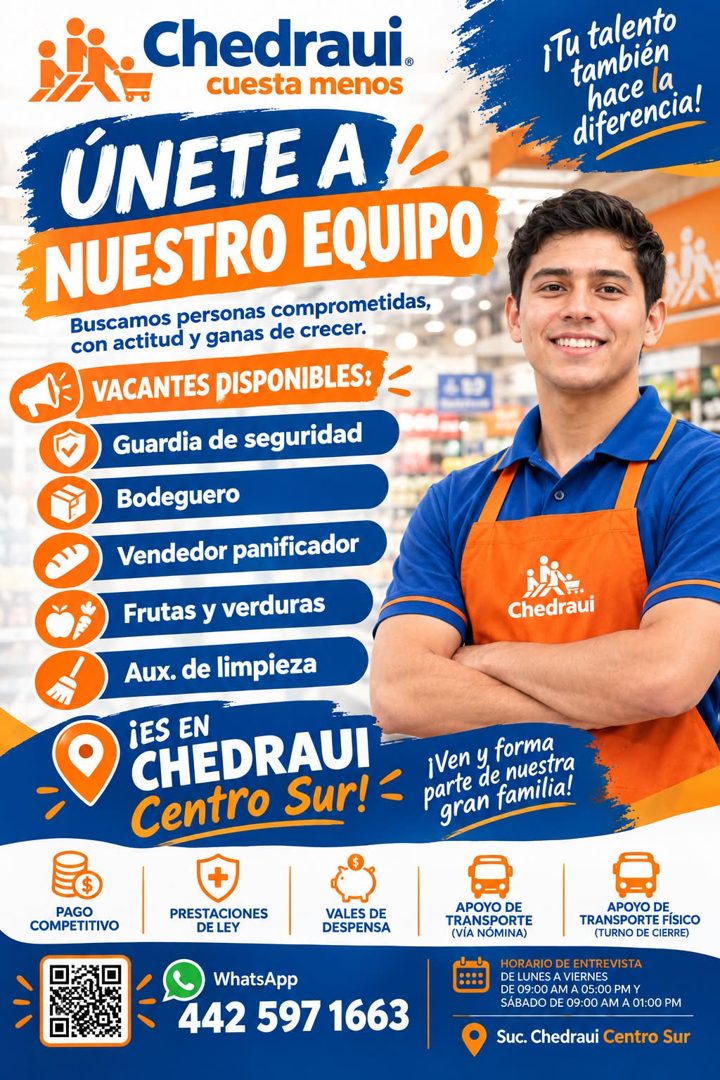 Banner del anuncio de la vacante: Chedraui · cuesta menos · ÚNETE A · NUESTRO EQUIPO · Buscamos personas comprometidas, · con actitud y ganas de crecer. · VACANTES DISPONIBLE