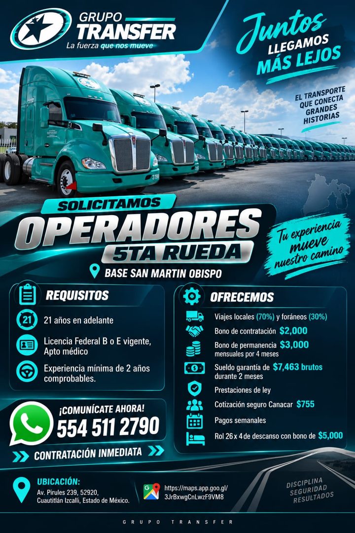 Banner del anuncio de la vacante: GRUPO · TRANSFER · La fuerza que nos mueve · Juntos · LLEGAMOS · MAS LEJOS · EL TRANSPORTE · QUE CONECTA · GRANDES · HISTORIAS · SOLICITAMOS