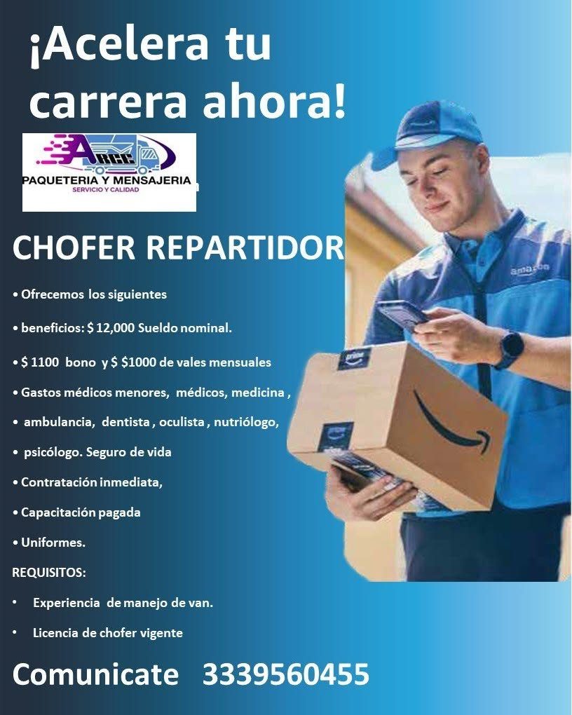 Banner del anuncio de la vacante: ¡Acelera tu · carrera ahora! · PAQUETERIA Y MENSAJERIA · SERVICIO Y CALIDAD · CHOFER REPARTIDOR · • Ofrecemos los siguientes · • beneficios: