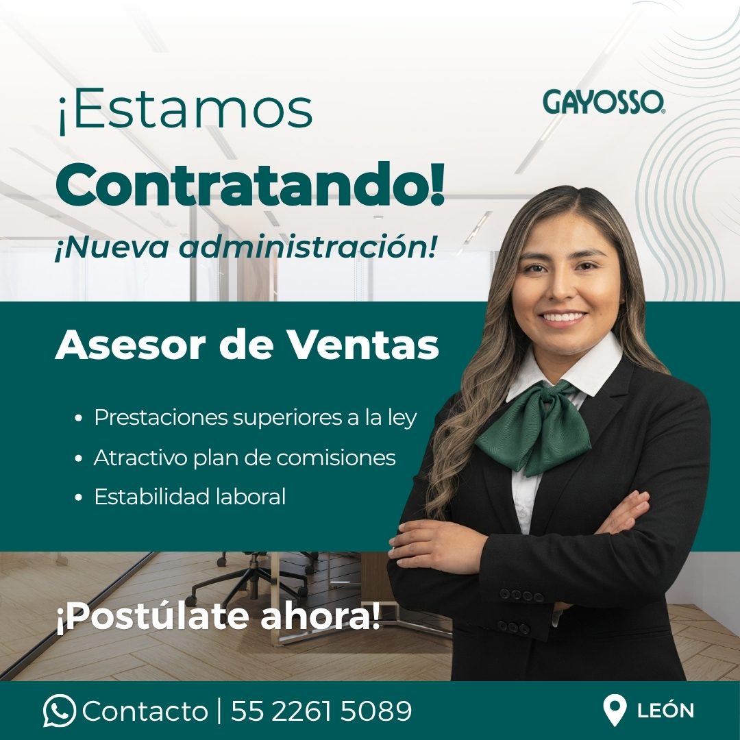 Banner del anuncio de la vacante: ¡Estamos · Contratando! · ¡Nueva administración! · Asesor de Ventas · • Prestaciones superiores a la ley · • Atractivo plan de comisiones · 