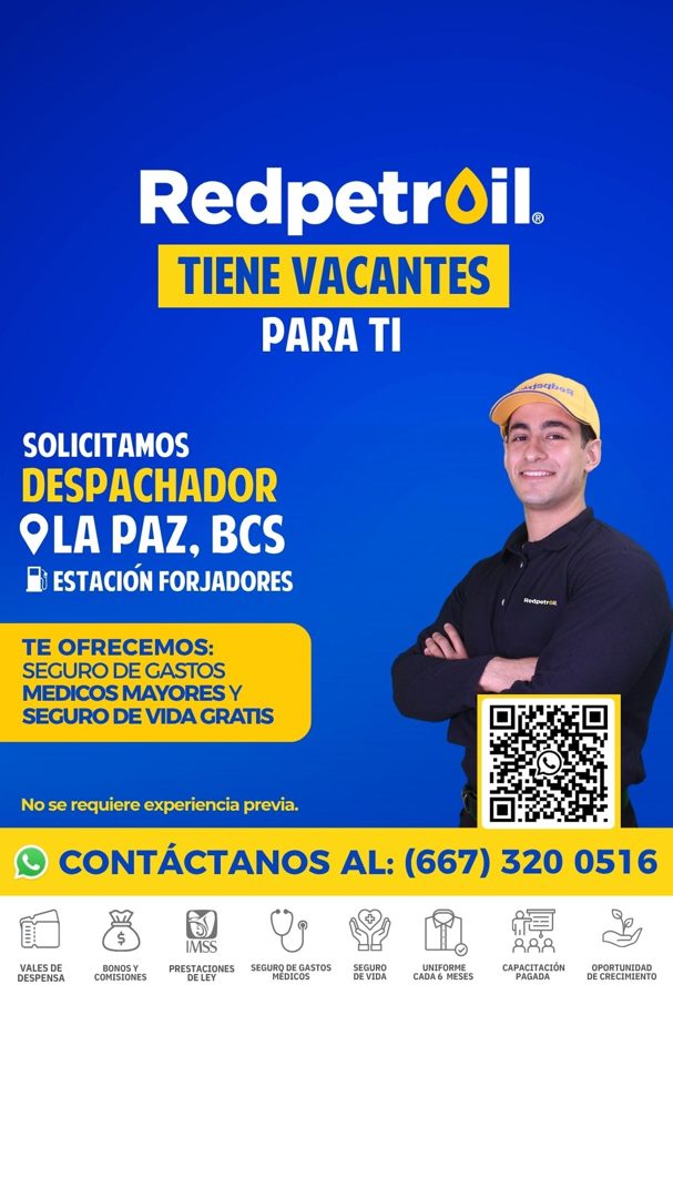 Banner del anuncio de la vacante: Redpetroil. · TIENE VACANTES · PARA TI · A30 OSA · SOLICITAMOS · DESPACHADOR · OLA PAZ, BCS · D ESTACIÓN FORJADORES · Redpetrar · TE OFRECEM