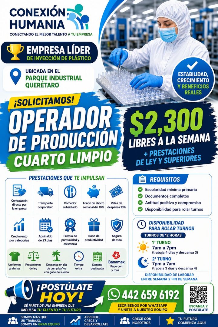 Banner del anuncio de la vacante: CONEXIÓN · HUMANIA · CONECTANDO EL MEJOR TALENTO A TU EMPRESA · EMPRESA LÍDER · DE INYECCIÓN DE PLÁSTICO · UBICADA EN EL · PARQUE INDUSTRIAL