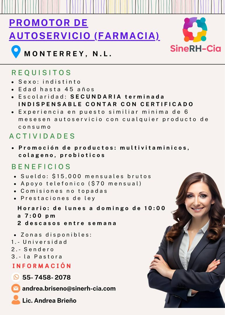 Banner del anuncio de la vacante: PROMOTOR DE · AUTOSERVICIO (FARMACIA). · ® MONTERREY, N.L. · SineRH-Cia · REQUISITOS · • Sexo: indistinto · • Edad hasta 45 años · • Escolar