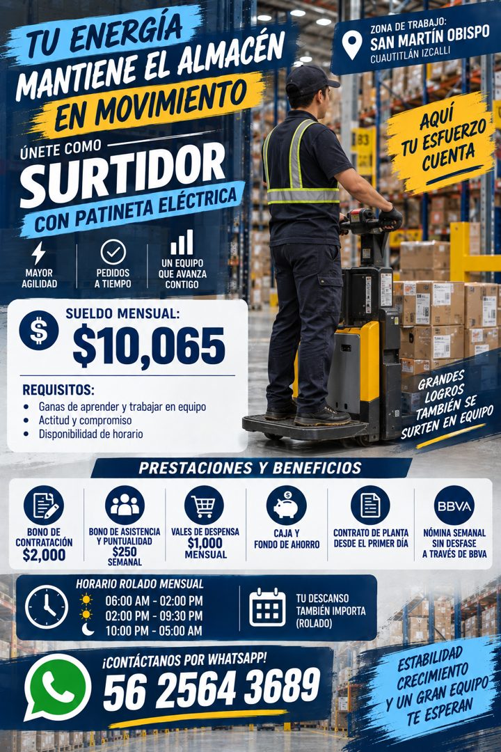 Banner del anuncio de la vacante: TU ENERGÍA · MANTIENE EL ALMACÉN · EN MOVIMIENTO · ÚNETE COMO · SURTIDOR · CON PATINETA ELÉCTRICA · 4 · MAYOR · AGILIDAD · $ · ZONA DE TRABA