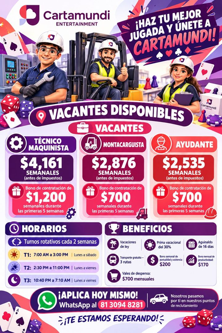 Banner del anuncio de la vacante: Cartamundi · ENTERTAINMENT · ¡HAZ TU MEJOR · JUGADA Y ÚNETE A · CARTAMUNDI! · • VACANTES DISPONIBLES · VACANTES · Cartamundi · OW159/ · TÉCN