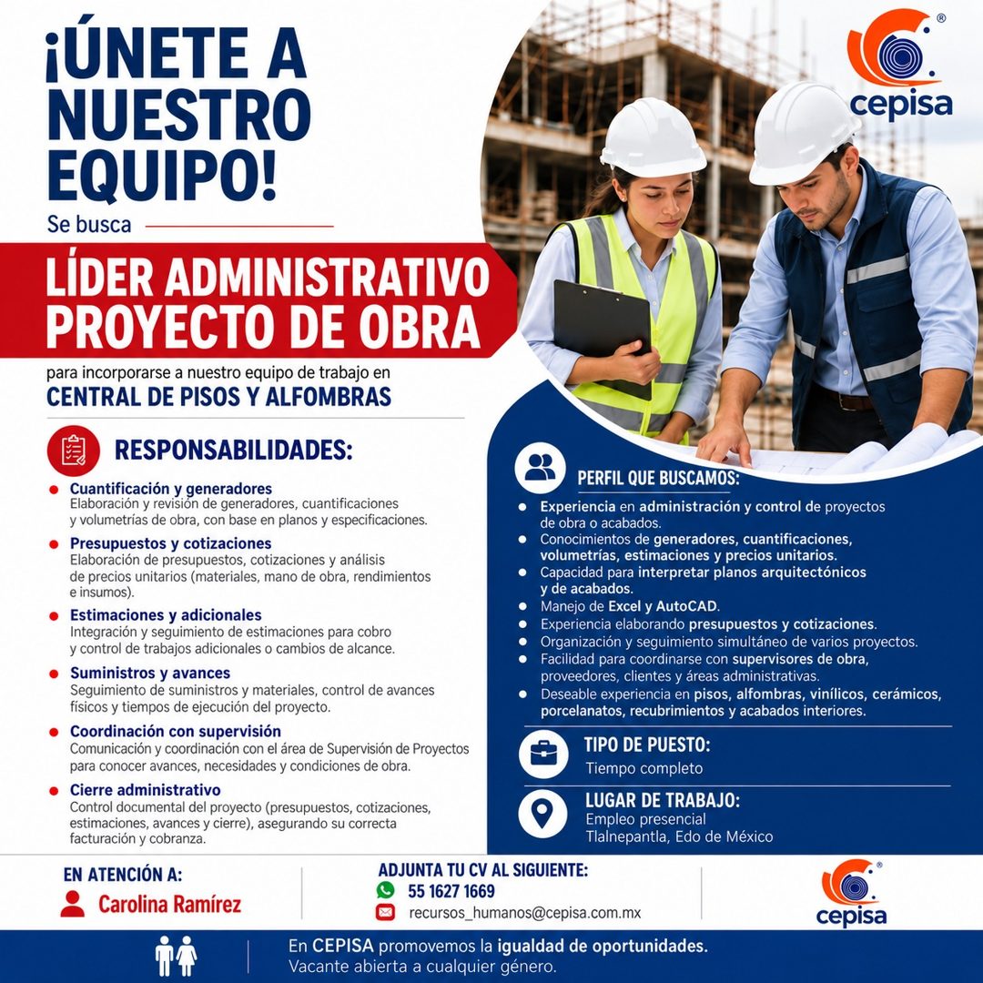 Banner del anuncio de la vacante: ¡ÚNETE A · NUESTRO · EQUIPO! · Se busca · LÍDER ADMINISTRATIVO · PROYECTO DE OBRA · para incorporarse a nuestro equipo de trabajo en · CENTR