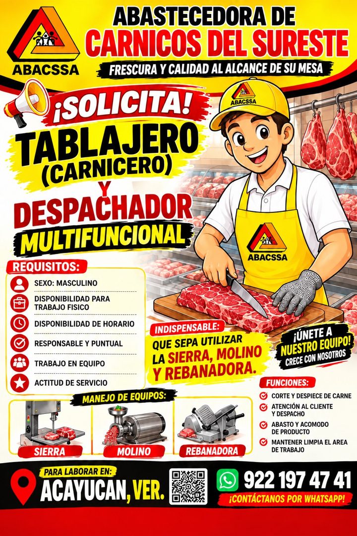 Banner del anuncio de la vacante: ABACSSA · ABASTECEDORA DE · CARNICOS DEL SURESTE · FRESCURA Y CALIDAD AL ALCANCE DE SU MESA · ¡SOLICITA! · TABLAJERO · (CARNICERO) · DESPACH