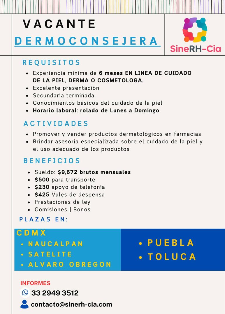 Banner del anuncio de la vacante: VACANTE · DERMOCONSEJERA · SineRH-Cia · REQUISITOS · • Experiencia mínima de 6 meses EN LINEA DE CUIDADO · DE LA PIEL, DERMA O COSMETOLOGA. 