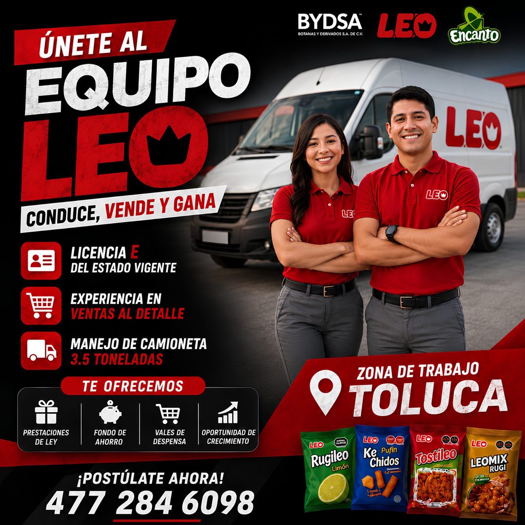 Banner del anuncio de la vacante: BYDSA · BOTANAS Y DERIVADOS S.A. DE C.V. · LEO · ÚNETE AL · EQUIPO · LEU · CONDUCE, VENDE Y GANA · LICENCIA E · DEL ESTADO VIGENTE · EXPERIE