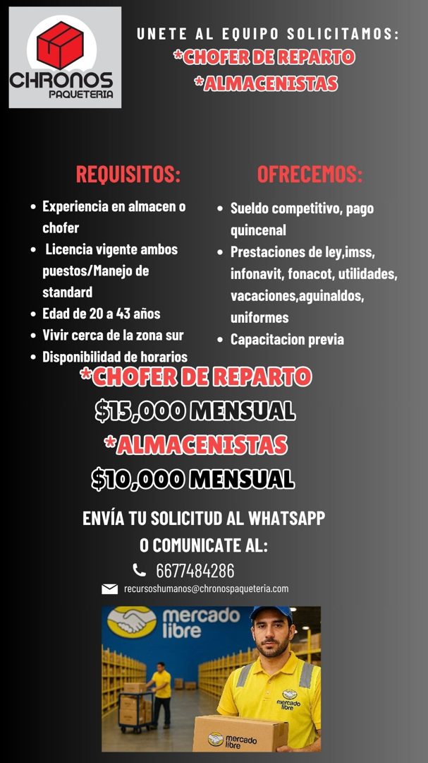 Banner del anuncio de la vacante: CHRONOS · PAQUETERIA · UNETE AL EQUIPO SOLICITAMOS: · *CHOFER DE REPARTO · *ALMACENISTAS · REQUISITOS: · OFRECEMOS: · • Experiencia en almac