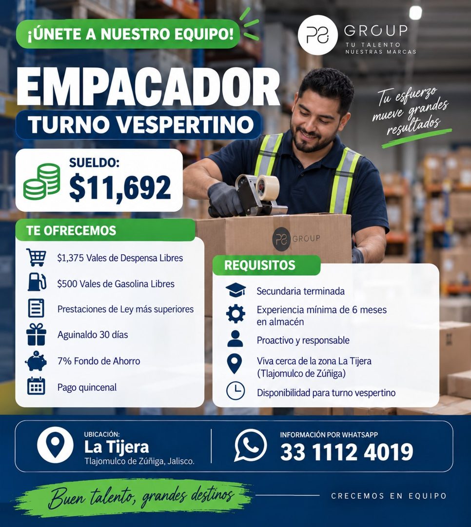 Banner del anuncio de la vacante: ¡ÚNETE A NUESTRO EQUIPO! · PZ · GROUP · TU TALENTO · NUESTRAS MARCAS · EMPACADOR · TURNO VESPERTINO · Tu esfuerzo · mueve grandes · resultad