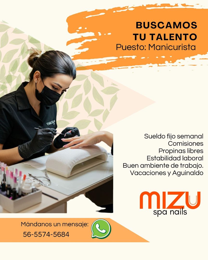 Banner del anuncio de la vacante: BUSCAMOS · TU TALENTO · Puesto: Manicurista · Sueldo fijo semanal · Comisiones · Propinas libres · Estabilidad laboral · Buen ambiente de tr