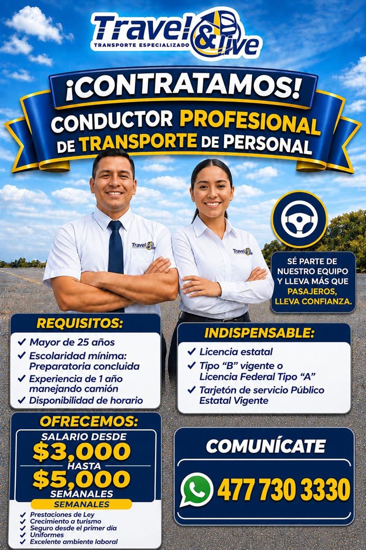Banner del anuncio de la vacante: Trave! & · TRANSPORTE ESPECIALIZADO · Live · ¡CONTRATAMOS! · CONDUCTOR PROFESIONAL · DE TRANSPORTE DE PERSONAL · Travel E ire · Travel (in ·