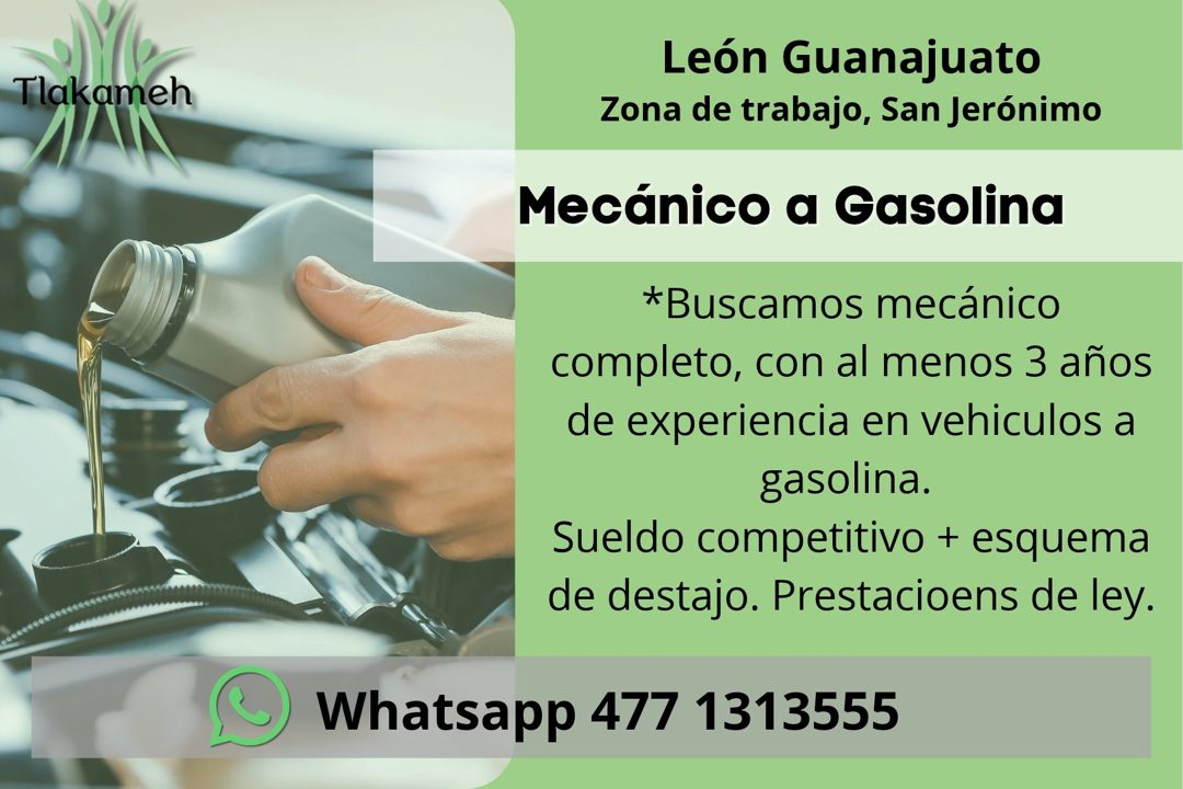 Banner del anuncio de la vacante: Tlakameh · León Guanajuato · Zona de trabajo, San Jerónimo · Mecánico a Gasolina · *Buscamos mecánico · completo, con al menos 3 años · de e