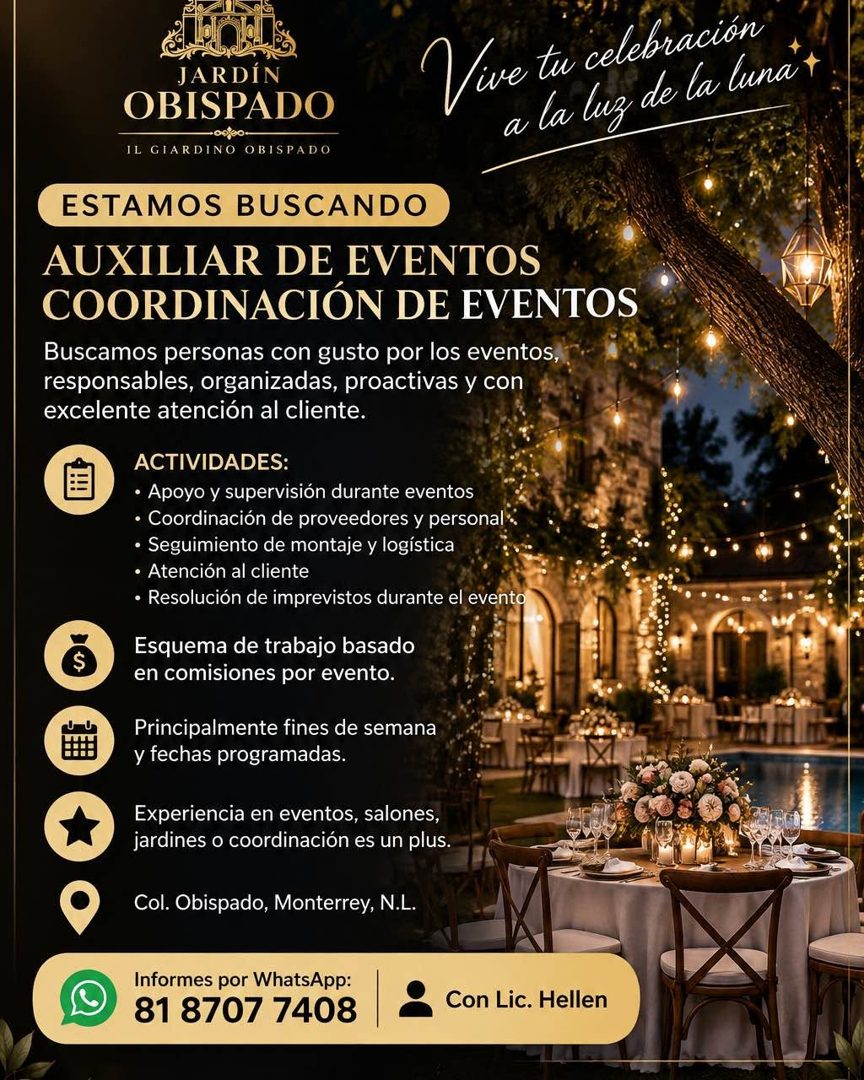 Banner del anuncio de la vacante: JARDÍN · OBISPADO · оb/e0- · IL GIARDINO OBISPADO · ESTAMOS BUSCANDO · AUXILIAR DE EVENTOS · COORDINACIÓN DE EVENTOS · Buscamos personas con