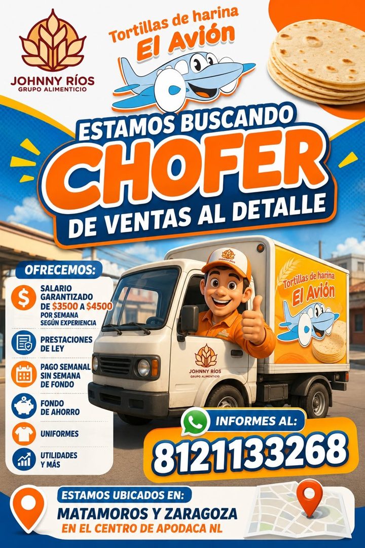 Banner del anuncio de la vacante: Tortillas de harina · El Avión · JOHNNY RÍOS · GRUPO ALIMENTICIO · ESTAMOS BUSCANDO · CHOFER · DE VENTAS AL DETALLE · $ · OFRECEMOS: · SALAR