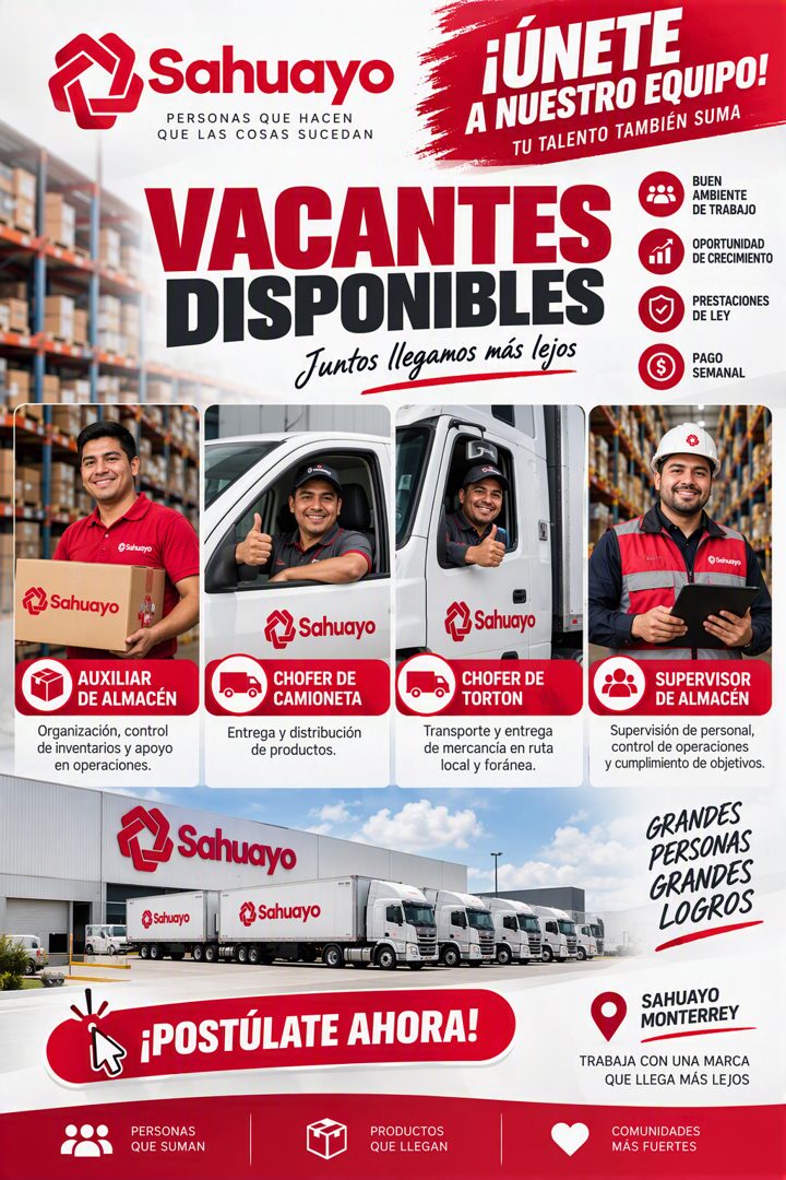 Banner del anuncio de la vacante: /Sahuayo · PERSONAS QUE HACEN · QUE LAS COSAS SUCEDAN · FÚNETE · A NUESTRO EQUIPO! · TU TALENTO TAMBIÉN SUMA · VACANTES · DISPONIBLES · Junt
