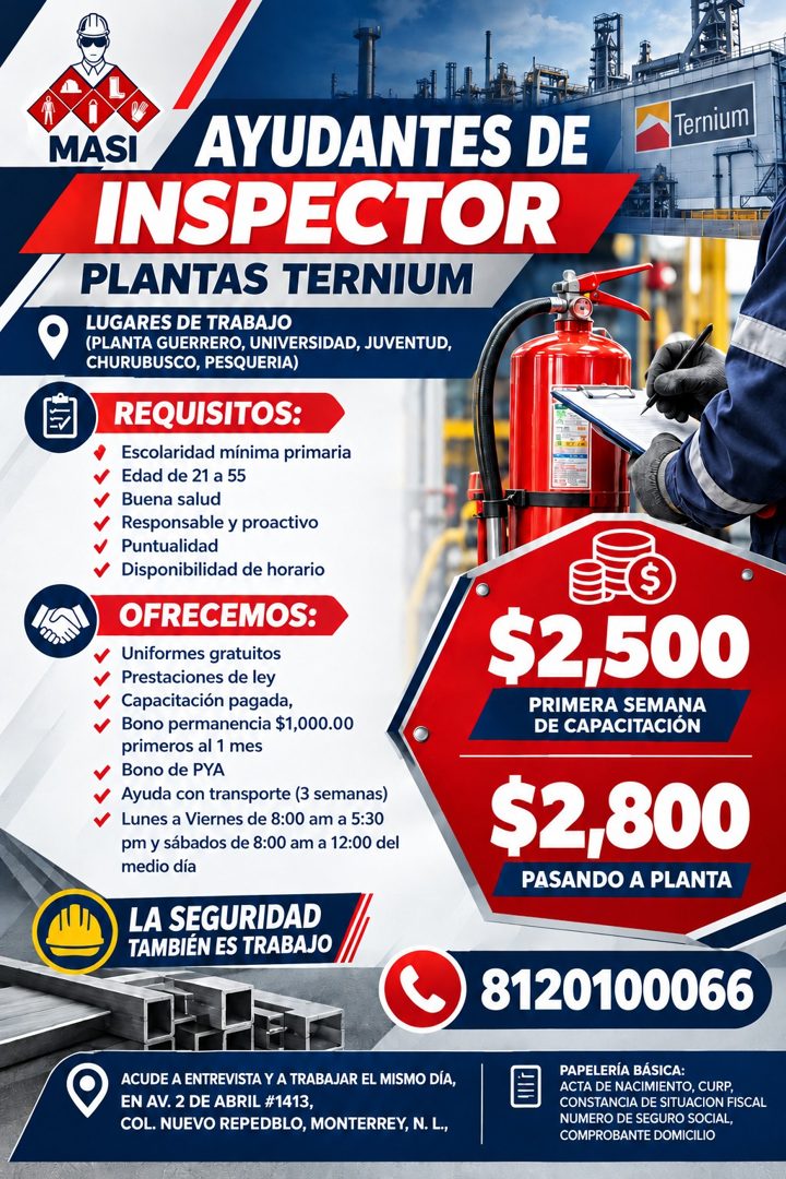 Banner del anuncio de la vacante: MASI · AYUDANTES DE · INSPECTOR · PLANTAS TERNIUM · LUGARES DE TRABAJO · (PLANTA GUERRERO, UNIVERSIDAD, JUVENTUD, · CHURUBUSCO, PESQUERIA) ·