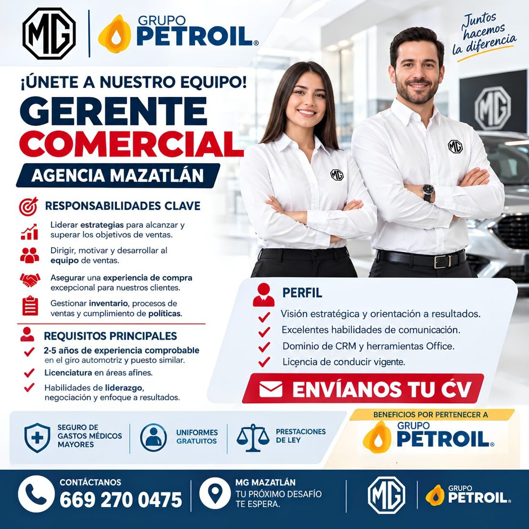Banner del anuncio de la vacante: GRUPO · PETROIL® · Juntos · hacemos · la diferencia · ¡ÚNETE A NUESTRO EQUIPO! · GERENTE · COMERCIAL · AGENCIA MAZATLÁN · RESPONSABILIDADES 