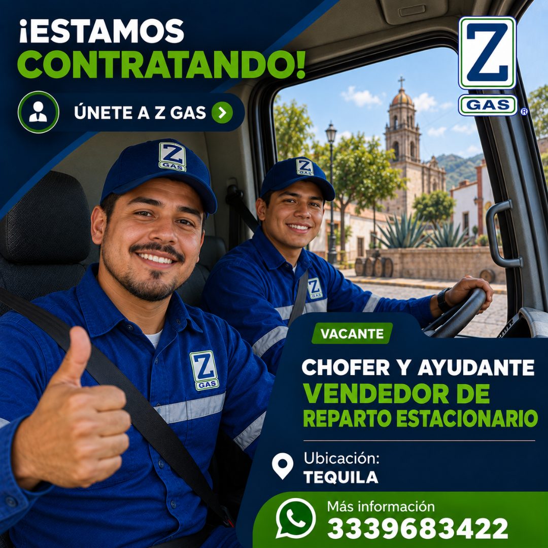 Banner del anuncio de la vacante: ¡ESTAMOS · CONTRATANDO! · ÚNETE A Z GAS · GAS · Z · GAS ® · Z · Z · GAS · VACANTE · CHOFER Y AYUDANTE · VENDEDOR DE · REPARTO ESTACIONARIO ·