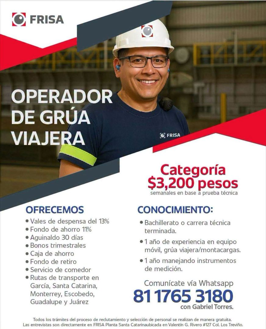 Banner del anuncio de la vacante: FRISA · OPERADOR · DE GRÚA · VIAJERA · O FRISA · OFRECEMOS · • Vales de despensa del 13% · • Fondo de ahorro 11% · • Aguinaldo 30 días · • B