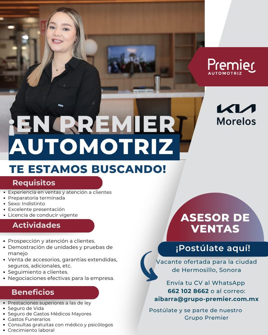 Banner del anuncio de la vacante: Premies · AUTOMOTRIZ · •EN PREMIER · AUTOMOTRIZ · TE ESTAMOS BUSCANDO! · Requisitos · • Experiencia en ventas y atención a clientes · • Prep