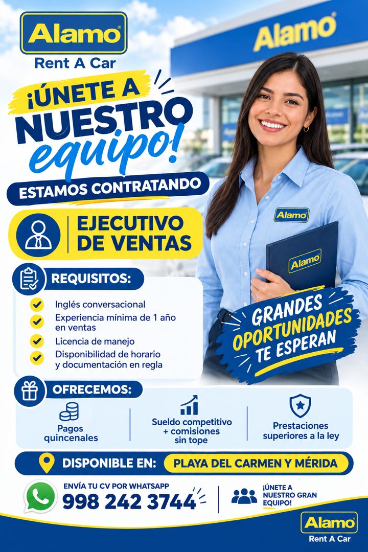 Banner del anuncio de la vacante: Alamo® · Rent A Car · ¡ÚNETE A · NUESTRO · equupo! · ESTAMOS CONTRATANDO · EJECUTIVO · DE VENTAS · REQUISITOS: · Inglés conversacional · Exp