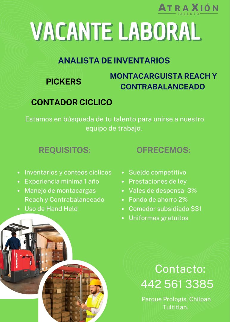 Banner del anuncio de la vacante: ATRAXIÓN · TALENTO · VACANTE LABORAL · ANALISTA DE INVENTARIOS · MONTACARGUISTA REACH Y · CONTRABALANCEADO · PICKERS · CONTADOR CICLICO · Es
