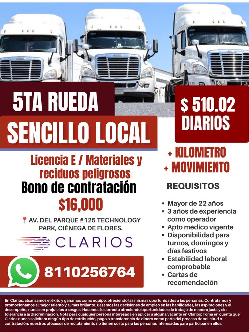 Banner del anuncio de la vacante: STA RUEDA · SENCILLO LOCAL · Licencia E / Materiales y · reciduos peligrosos · Bono de contratación · $16,000 · P AV. DEL PARQUE # 125 TECHN
