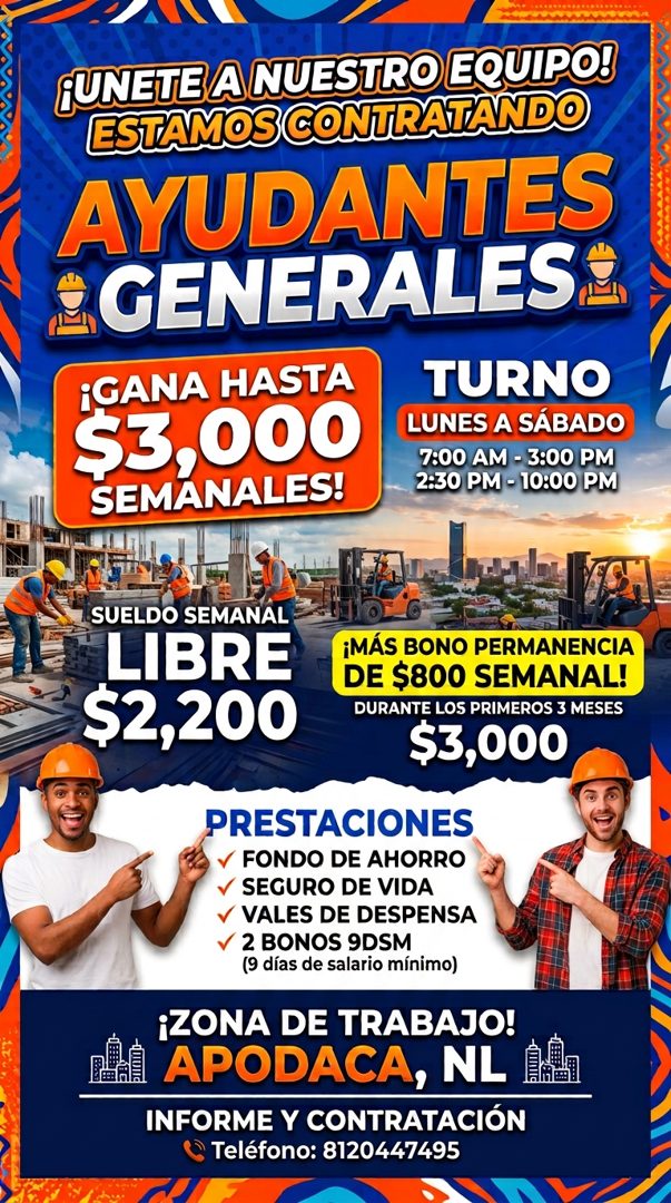 Banner del anuncio de la vacante: ¡UNETE A NUESTRO EQUIPO! · ESTAMOS CONTRATANDO · AYUDANTES · GENERALES: · ¡GANA HASTA · TURNO · $3,000 · LUNES A SÁBADO · 7:00 AM - 3:00 PM 
