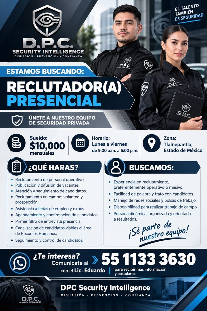 Banner del anuncio de la vacante: EL TALENTO · TAMBIÉN · ES SEGURIDAD · D.P.C. · SECURITY INTELLIGENCE · DISUASIÓN • PREVENCIÓN • CONFIANZA · D.P.C · ESTAMOS BUSCANDO: · RECL