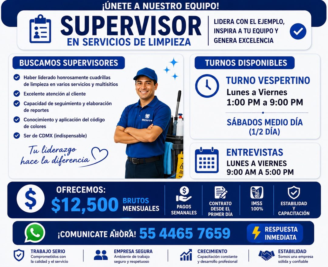 Banner del anuncio de la vacante: ¡ÚNETE A NUESTRO EQUIPO! · SUPERVISOR · EN SERVICIOS DE LIMPIEZA · LIDERA CON EL EJEMPLO, · INSPIRA A TU EQUIPO Y · GENERA EXCELENCIA · BUSC